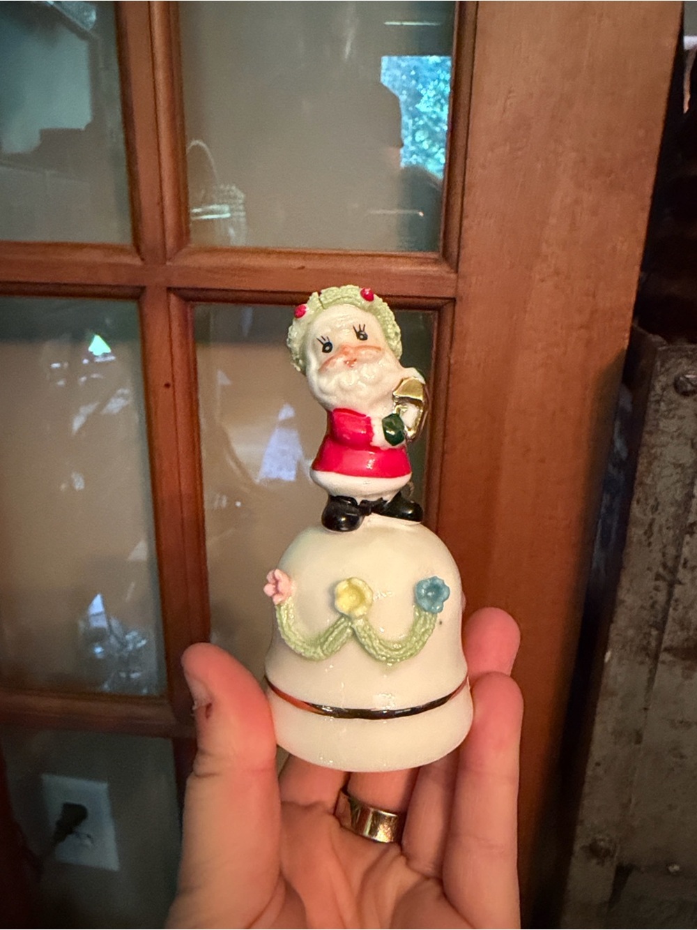 VTG Napco Christmas Miniature Santa Holds Xmas Tree on Bell